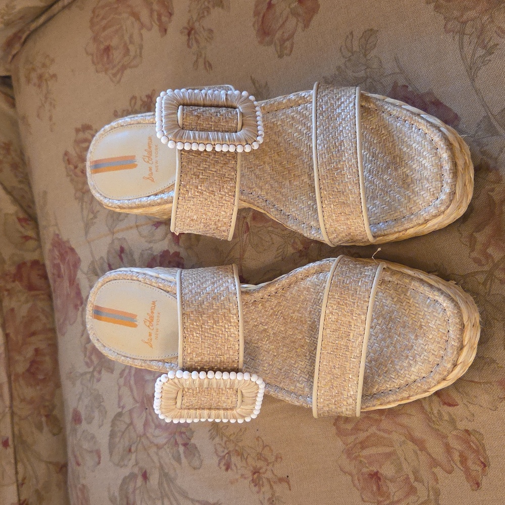 Sam Edelman Beige Woven Sandals with Pearl Buckle